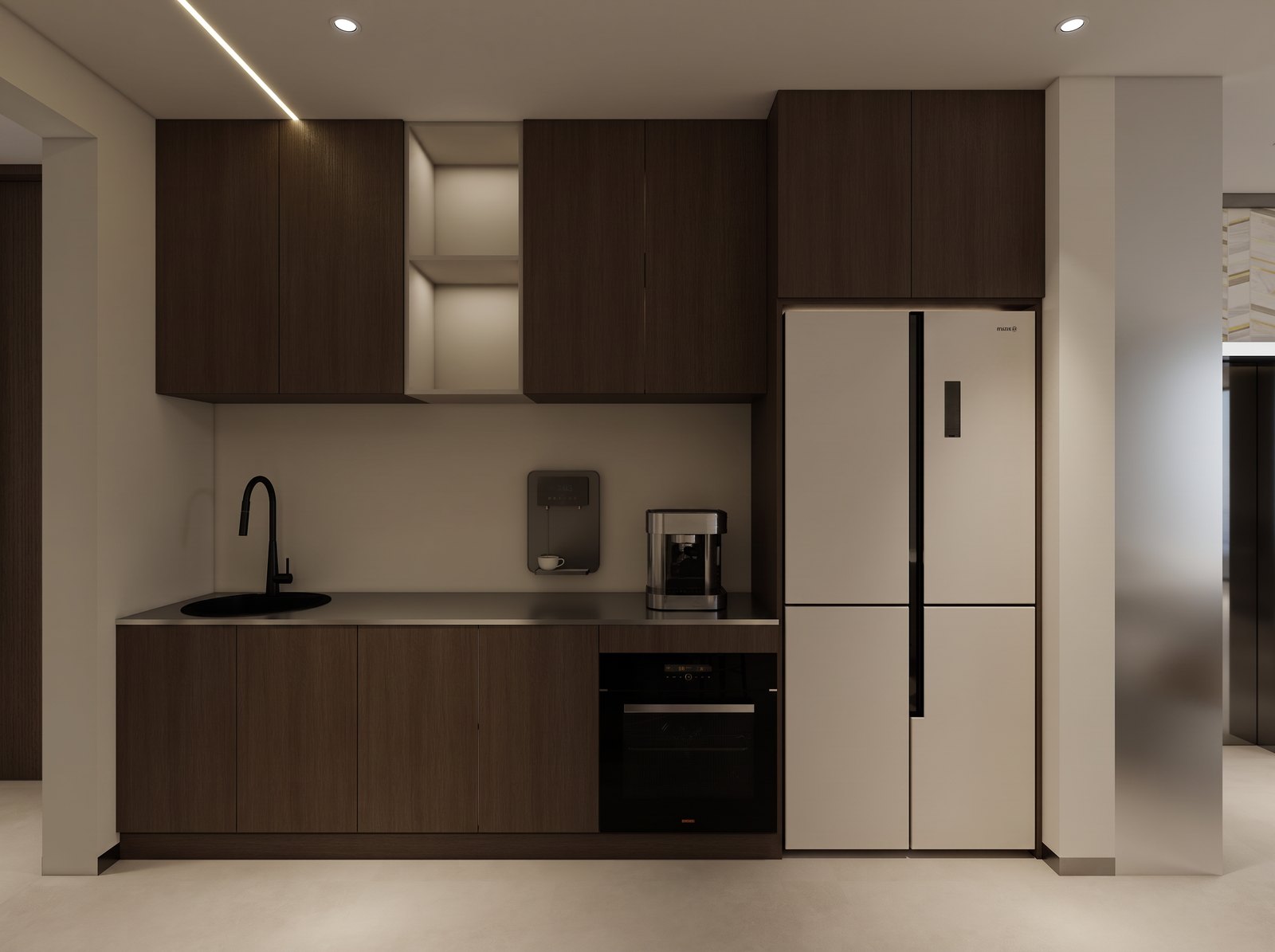 Wet bar in dark timber with a stone counter