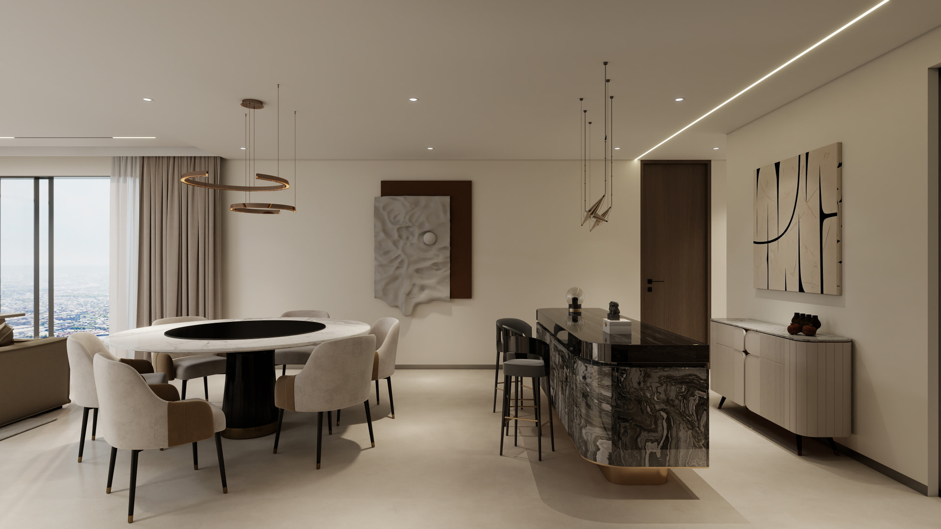 Dining area framed by a marble bar counter