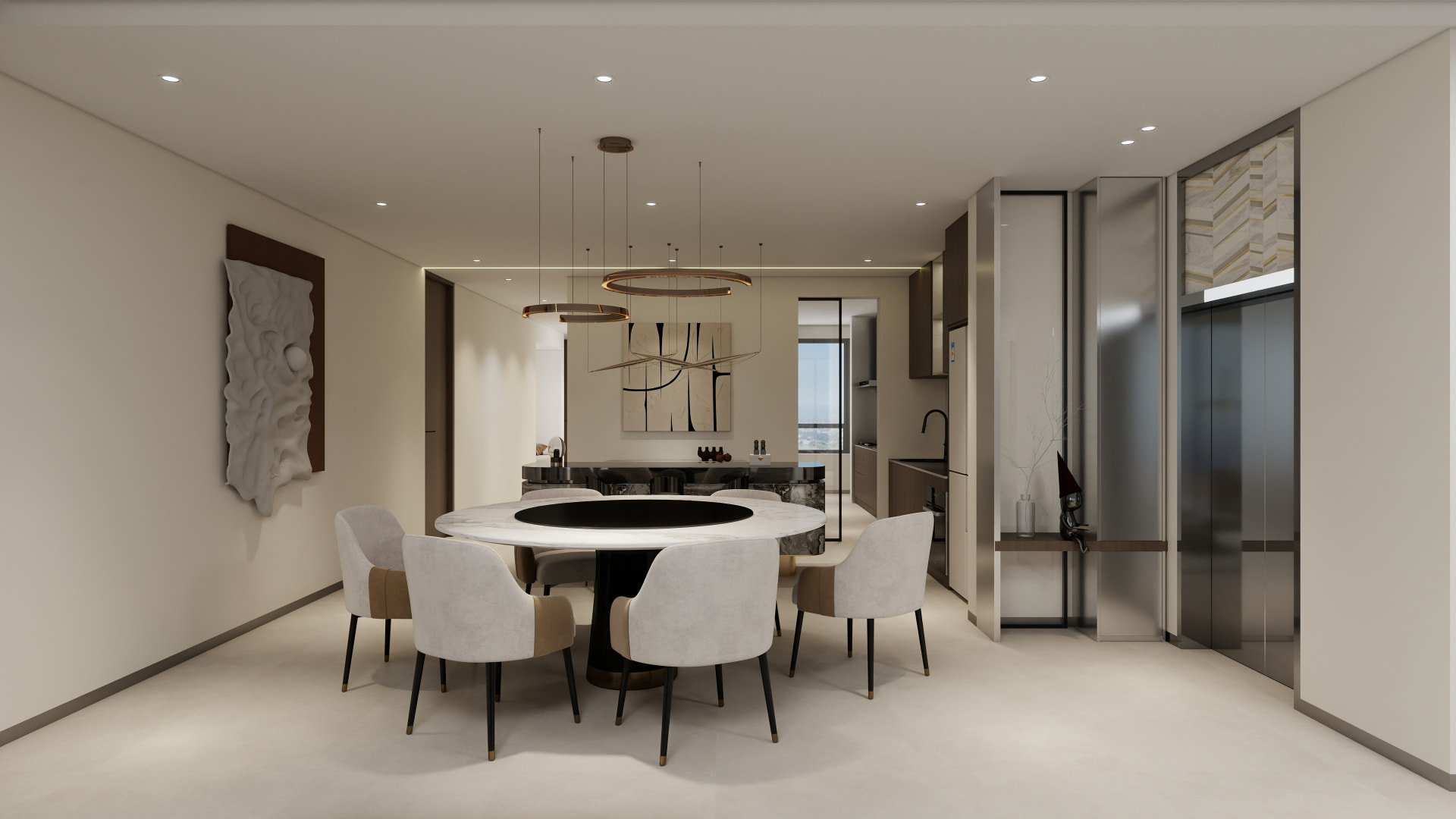 Dining room under layered ring pendants