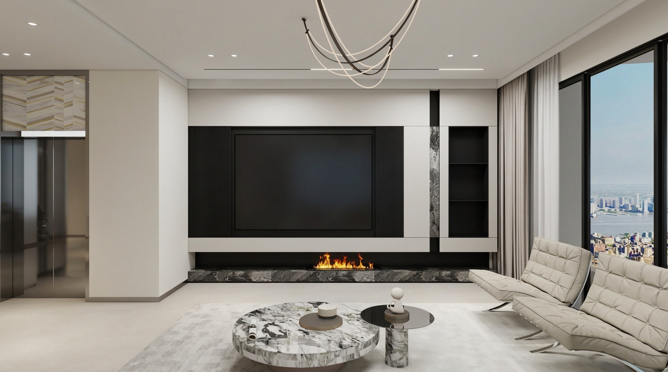 Living room media wall with a linear fireplace