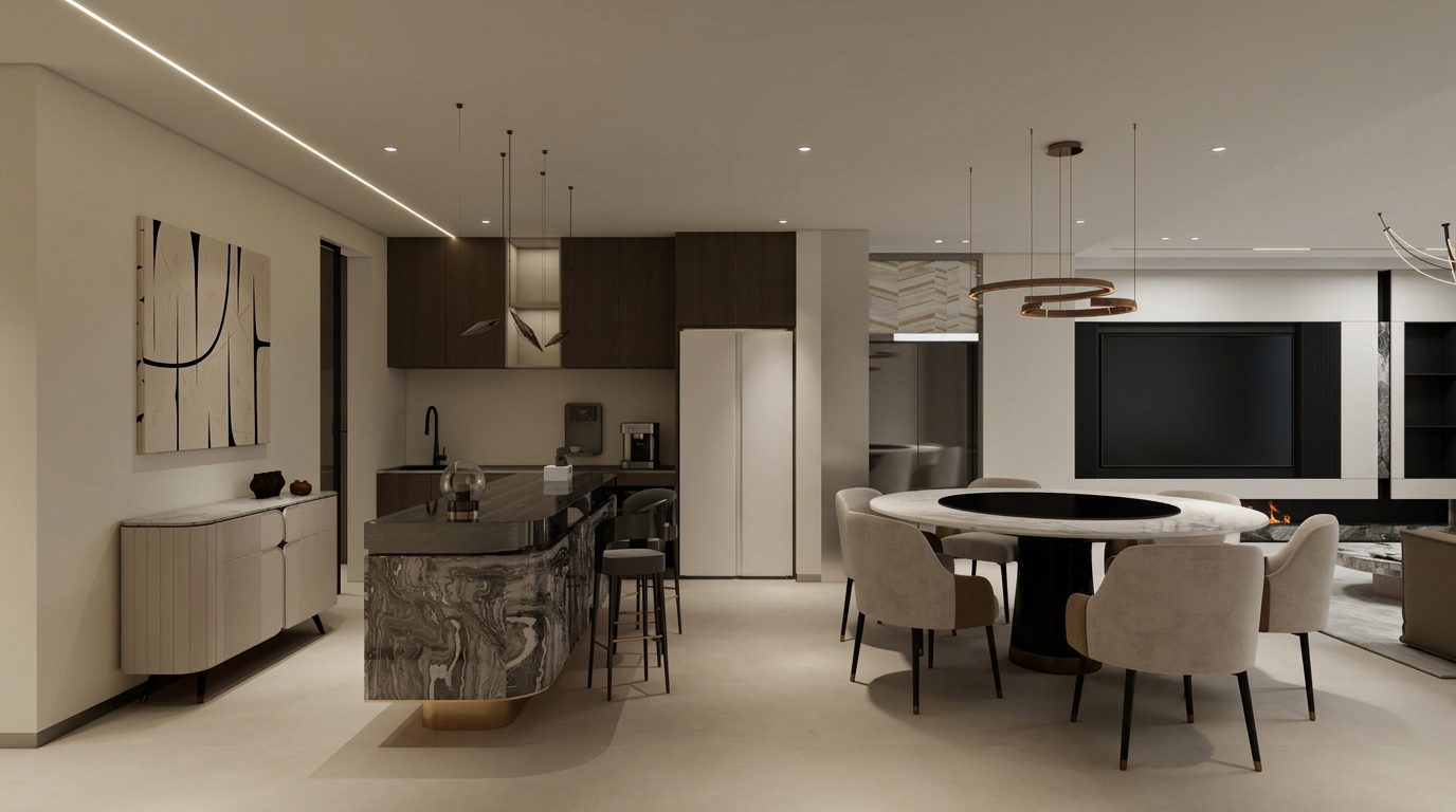 Open-plan dining and kitchen with a marble island
