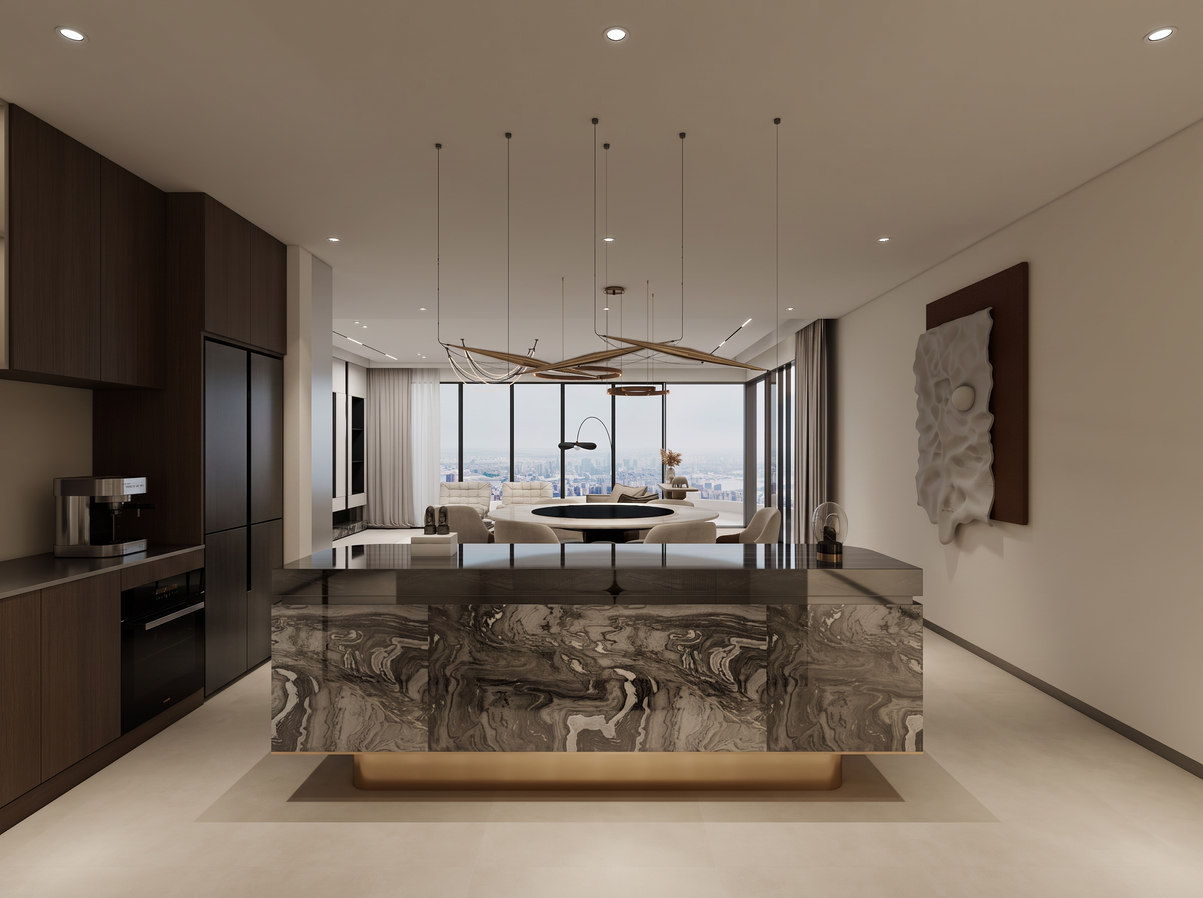 Marble kitchen island with a brass base