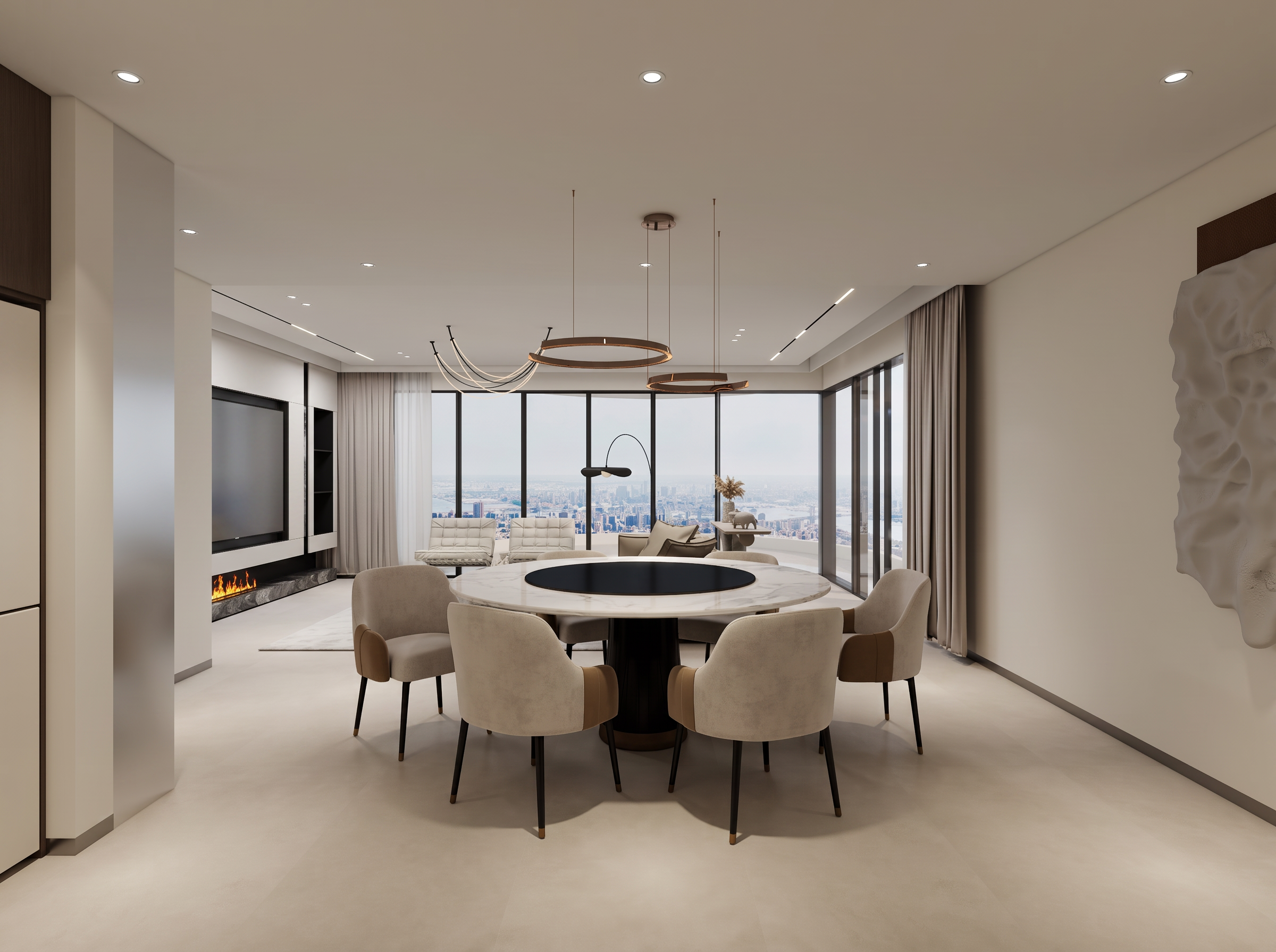 Dining room opening to floor-to-ceiling skyline windows
